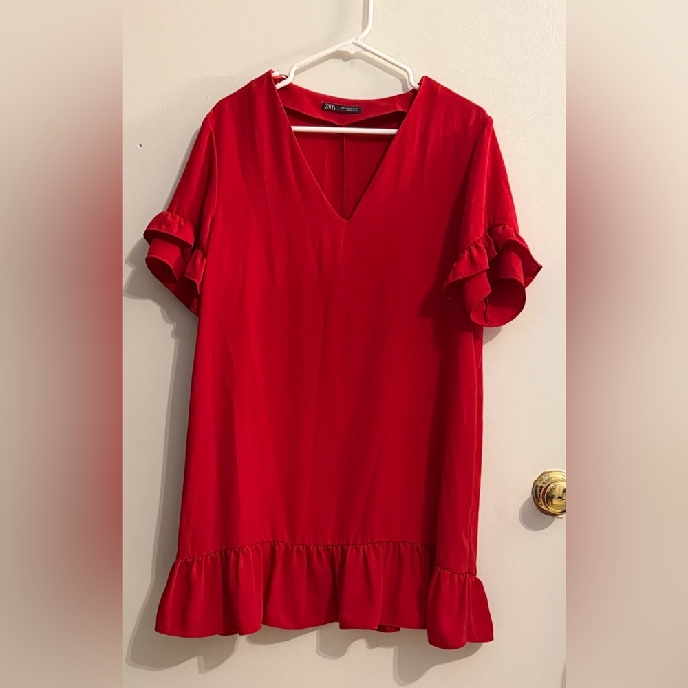 Zara Red Mini Dress with Ruffle Details XL - Picture 2 of 3